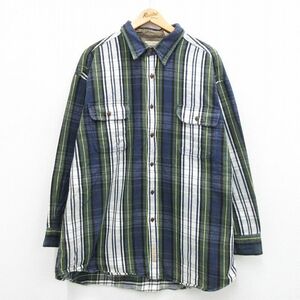 XL/古着 長袖 フランネル シャツ メンズ 大きいサイズ ロング丈 コットン 紺他 ネイビー チェック 24jan22 中古 トップス