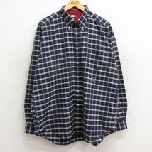 XL/古着 トミーヒルフィガー 長袖 ブランド シャツ メンズ 90s ワンポイントロゴ 大きいサイズ ロング丈 コットン ボタンダウン 紺他 ネイ_画像1