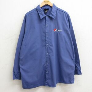 XL/古着 長袖 ワーク シャツ メンズ ペプシ PEPSI ロング丈 薄紺 ネイビー 24jan22 中古 トップス