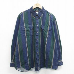 XL/古着 長袖 ウエスタン シャツ メンズ 90s 大きいサイズ コットン ボタンダウン 緑他 グリーン ストライプ 24jan22 中古 トップス