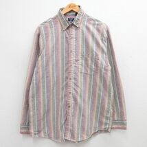 XL/古着 マンハッタン 長袖 シャツ メンズ 90s オックスフォード ボタンダウン 薄緑他 グリーン ストライプ 24jan25 中古 トップス_画像1