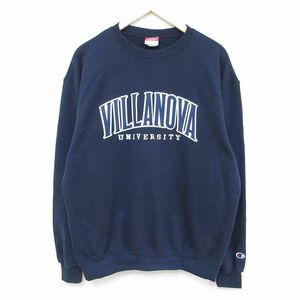 L/古着 チャンピオン Champion 長袖 スウェット メンズ 00s ヴィラノーバ 大学 クルーネック 紺 ネイビー 24jan26 中古 スエット トレーナ