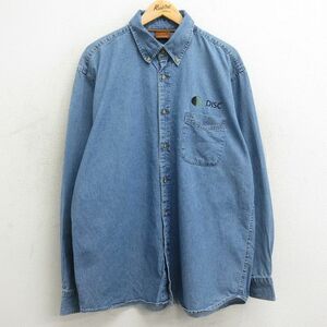 XL/古着 長袖 シャツ メンズ CDISC ロング丈 コットン ボタンダウン 薄紺 ネイビー デニム 24jan29 中古 トップス