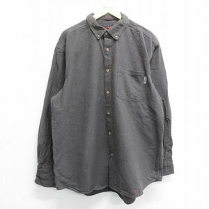 XL/古着 長袖 ヘビー フランネル シャツ メンズ ロング丈 大きいサイズ コットン ボタンダウン 濃グレー 24jan30 中古 トップス