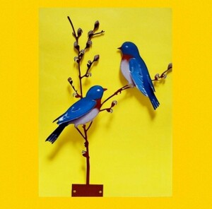 青い鳥と木の実　ガーデンオーナメント　レトロ　片面カラー　鳥の雑貨　HANAKO　ガーデンオブジェ