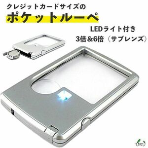 クレジットカードサイズの携帯用LEDライト付ポケットルーペ 3倍＆6倍（サブレンズ）