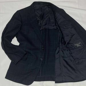 美品 高級 Burberry バーバリー テーラードジャケット チェック L メンズ ネイビー スーツ ウィンドウペン ウール100% 羊毛 ツイード 1円