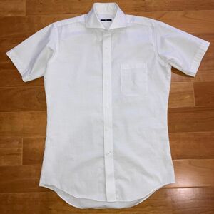 【最終値下げ】【SUIT SELECT】半袖ワイシャツ　ホリゾンタルカラー　ベージュストライプM 形態安定　スーツセレクト