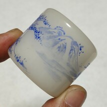 古美術 本物瑠璃 青花 染付 手描き 山水紋 指輪 在銘 激安 内径約2.7cm_画像4