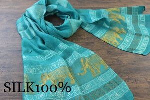 新品 春色【シルク100% SILK】エレファント柄 象柄 エメラルドグリーン 緑 E.GREEN ゴールド GOLD 金 スカーフ/ストール