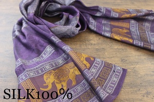 新品【シルク100% SILK】エレファント柄 象柄 パープル 紫 PURPLE ゴールド GOLD 金 スカーフ/ストール 訳あり