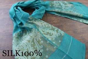 新品 春色【シルク100% SILK】ペイズリー柄 エメラルドグリーン 緑 E.GREEN ゴールド GOLD 金 スカーフ/ストール