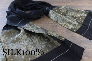 新品【シルク100% SILK】ペイズリー柄 ブラック 黒 BLACK　ゴールド GOLD 金 スカーフ/ストール