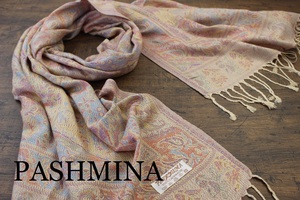 新品 春色【パシュミナ Pashmina】BIGペイズリー柄 ベージュ系マルチカラー BEIGE 大判 ストール カシミア100% Cashmere