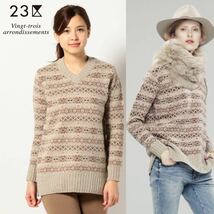 【23区】定価2.3万 フェアアイル柄 ラムウール Vネック ニット セーター 38/Mサイズ相当 ベージュ系 レディース 長袖 トップス_画像1