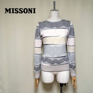 【MISSONI】ミッソーニ スポーツ 薄手 総柄 ニットセーター Mサイズ相当 レディース ピンク×グレー系 トップス イタリア製