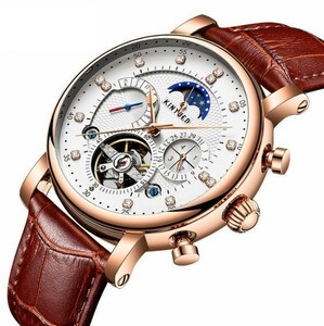 メンズ 紳士 腕時計 機械式 革 自動巻き 時計 腕時計 ムーンフェイズ ウィークマ カレンダー ビジネス