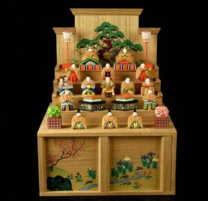 【蔵A3295】奈良一刀彫　川口神泉　彩色金彩　段飾　雛人形　十五人飾