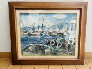 4-8◎ 風景画 ☆中古品☆ 油絵 油彩画 油彩 港町 海 船 ヨット インテリア アート 美術品 高級感額装 