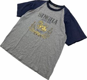 SHINGHA LAGER BEER ☆ プリント ラグラン Tシャツ 半袖 ネイビー グレー M相当 古着 タイ スーベニア ラガービール シンハービール■FA268