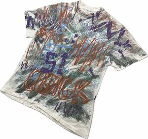 90s ☆ Hanes BEEFY USA製 総柄 ラクガキ アート プリント Tシャツ 半袖 ホワイト L ストリート スケーター 古着 人気 ヘインズ■FA264