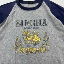 SHINGHA LAGER BEER ☆ プリント ラグラン Tシャツ 半袖 ネイビー グレー M相当 古着 タイ スーベニア ラガービール シンハービール■FA268_画像4