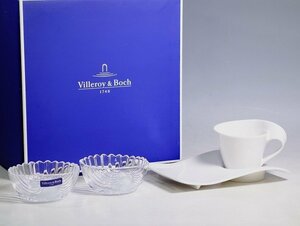 K01075【Villeroy & Boch ビレロイ＆ボッホ】二ューウェイブ カフェ カプチーノカップ パーティープレート L 1客 / ガラス ボウル 2客 共箱