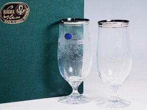 K01144【BOHEMIA GLASS ボヘミア ガラス】銀彩 エッチング ビアグラス 2客 ペア 高さ15.8cm 酒器 グラス 共箱
