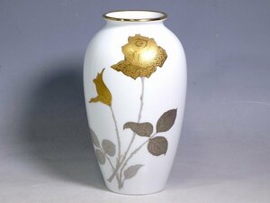 K01066【大倉陶園 OKURA オークラ】金蝕バラ 22cm 花生 エッチング 薔薇 花瓶 花器 花入 フラワーベース