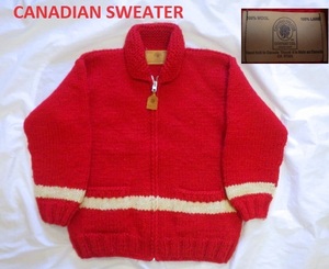 カナダ製カナディアンセーターカウチンカーディガン赤★ラインセーター