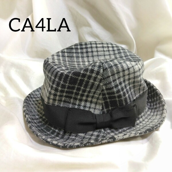 32 【CA4LA】 カシラ ウール リボン チェック 帽子 ハット 春 秋冬 グレー 黒 ブラック 日本製 HAT レディース