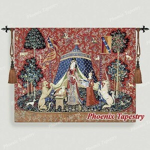 西洋美術 「我が唯一つの望み」貴婦人と一角獣（ユニコーン）中世アートジャガード織り壁掛けタペストリー壁装飾輸入品