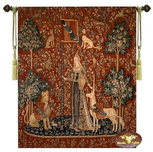 西洋美術「触覚」貴婦人と一角獣（ユニコーン）中世アートジャガード織壁掛けタペストリー；サイズ；幅104ｃｍ×長さ137ｃｍ輸入品