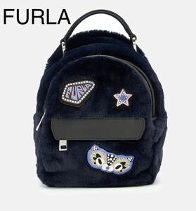 レア◇フルラ FURLA ファー ふわふわ ミニバックパック 廃盤品 バックパック リュック 刺繍ワッペン favola mini backpack