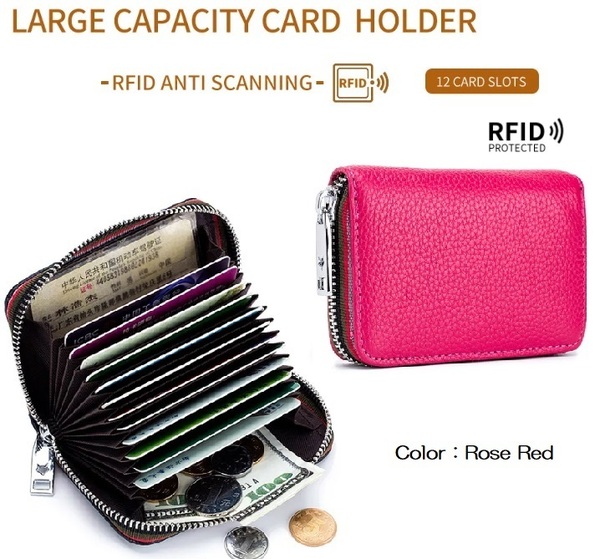 ■新品■本革■カードケース■12枚収納■【ローズレッド】■ 財布■じゃばら　RFID保護機能（スキミング防止）