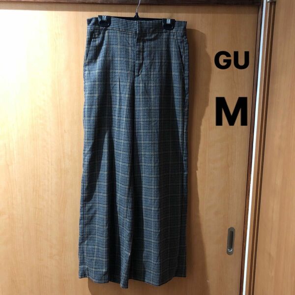 値下げ！GU チェックワイドパンツMグレー系