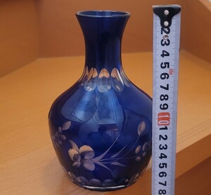 切子 花器 花瓶 水差し ガラス 酒器 デキャンタ 青 江戸 保管品 貿易 輸出 日本 工芸 工芸品