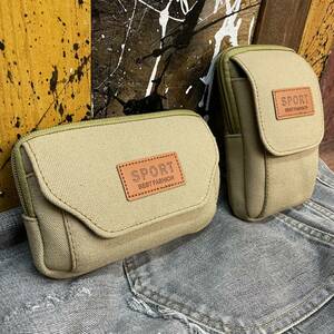  new goods canvas . cloth made waist bag 2 piece set small belt pouch 1 pocket mobile telephone smartphone pouch iPhonekalabina beige free shipping 