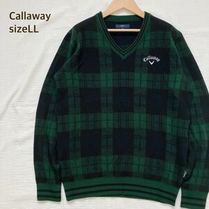 キャロウェイ Callaway ニット セーター トップス Vネック チェック グリーン ゴルフウェア LLサイズ メンズ 刺繍ロゴ