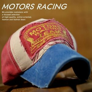 MOTORS RACING キャップ 帽子 メンズ レディース Vintage DESTOROYED ダメージ加工 7990349 9009978 M-8 ブルー 新品 1円 スタート