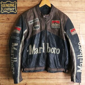 B5S/s5.23-3　Marlboro　マルボロ　レーシングジャケット　本革　シングルライダース　レザージャケット　バイカー　XL　ヴィンテージ