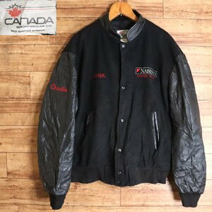 C4S/S1.10-4　カナダ製　CANADA　袖革ウールスタジャン　バーシティジャケット　裏キルティング　企業ロゴ刺繍　メンズ　L　ブラック　古着