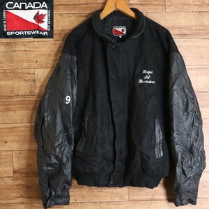 H8S/S1.12-3　カナダ製　CANADA　袖革ウールスタジャン　本革　バーシティジャケット　裏キルティング　ブルゾン　メンズ　L　ブラック