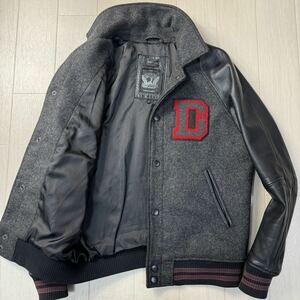 美品/M相当★ディーゼル/DIESEL Dワッペン メルトンウール 袖レザー 山羊革 異素材切替 コンビジャケット スタジャン ブルゾン メンズ 黒