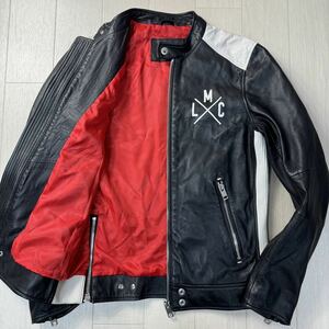 ほぼ未使用/M相当★ディーゼル/DIESEL バックプリント LMC レッド裏地 羊革 ラムレザー シングルライダース ジャケット ブルゾン メンズ 黒