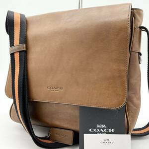 1円【極美品】コーチ COACH メンズ メッセンジャー ショルダー ビジネスバッグ ブラウン オールレザー ヘリテージウェブ 本革 チャーム