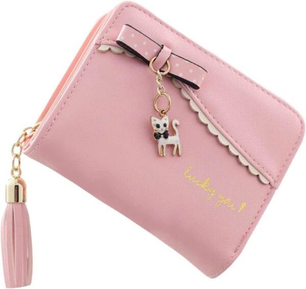 [Smomo] 財布 女の子 ミニ財布 かわいい レディース 短財布 二つ折り かわいい 猫チャーム タッセル付き カード入れ (ピンク)