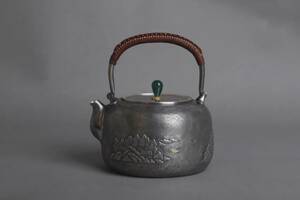 純銀保証 中川浄益造 山水浮彫 玉摘 湯沸 銀瓶 時代物 古美術品 煎茶道具