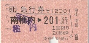 H001.【発券別駅：ゴム印訂正発券】JR北海道　宗谷本線　稚内⇒201キロ　1.2.13　宗谷本線　南稚内駅発行