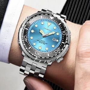 【新品】FOXBOX オマージュウォッチ メンズ腕時計 シルバー/水色 メタルバンド 日付 防水 クォーツ 高級感 ネコポス